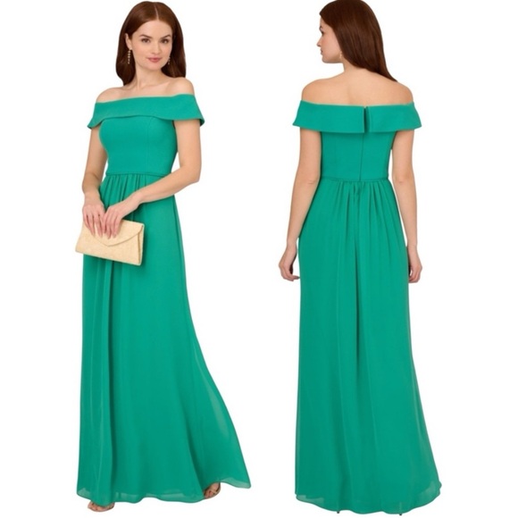 ADRIANNA PAPELL BOTANIC GREEN OFF THE SHOULDER CREPE CHIFFON EVENING GOWN DRESS - Picture 1 of 16